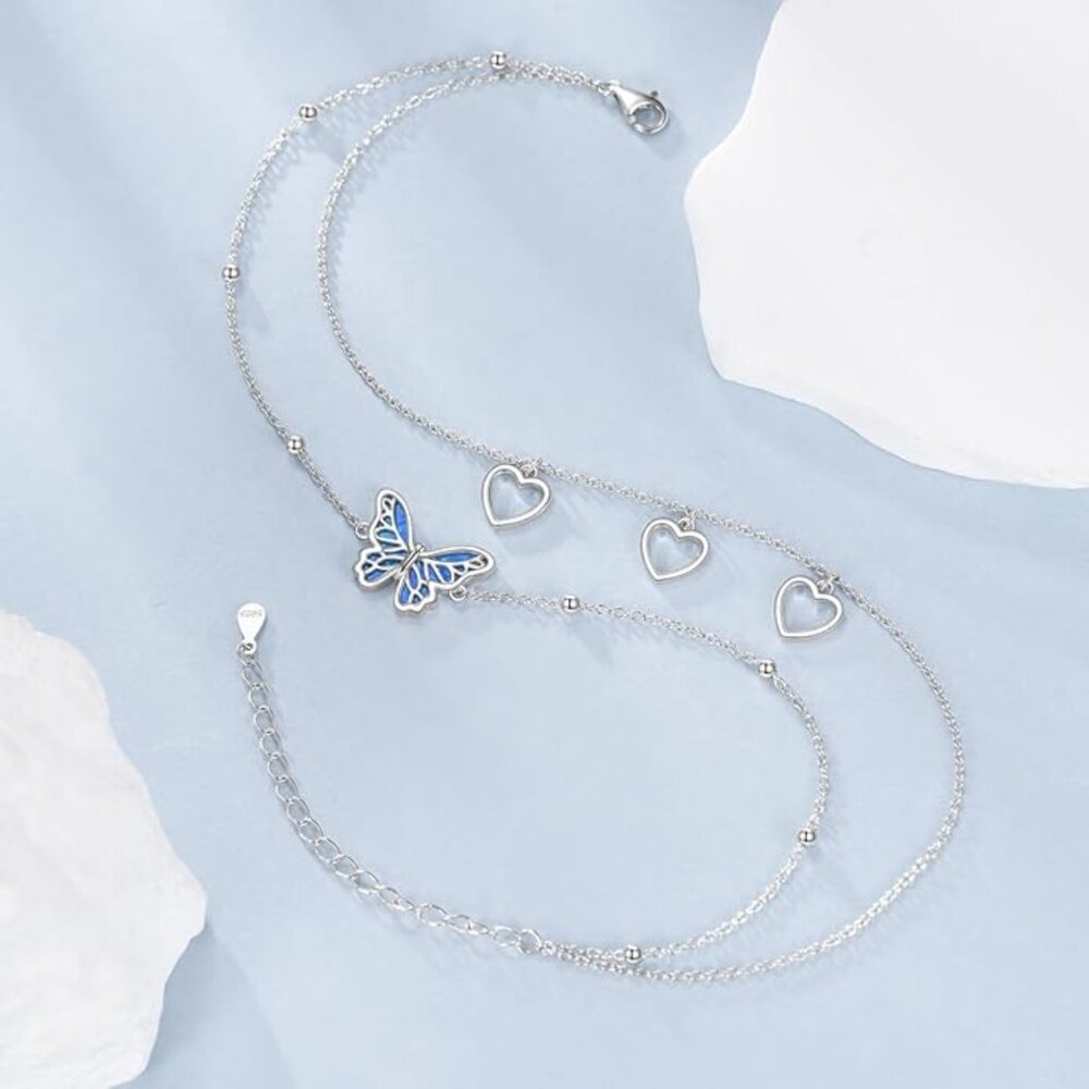 925 Sterling Silver Butterfly Heart Anklet with Created Opalite 9+2 Inch Adjusta